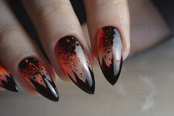Woman's long fingernails with black and orange Halloween themed nail art design, Generative Ai, AI