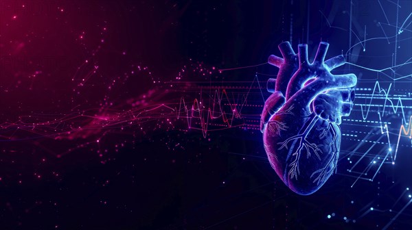 High-tech digital depiction of a human heart in neon blue and purple with heartbeat waveforms, AI