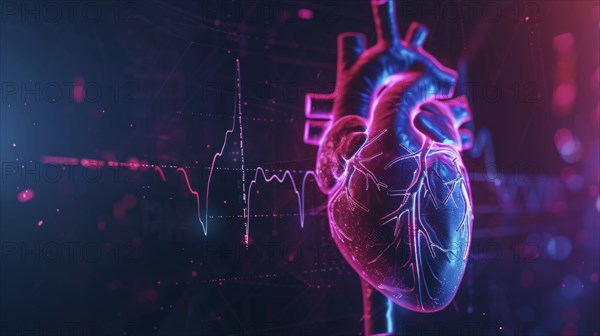 A digital illustration of a human heart in neon purple and blue with heartbeat lines in the
