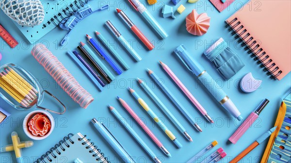 An assortment of blue-toned stationery items, such as pencils and notebooks, is neatly arranged on