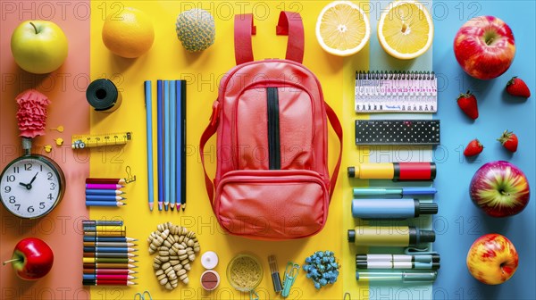 A red backpack surrounded by school supplies and various fruits, laid out on a colorful background