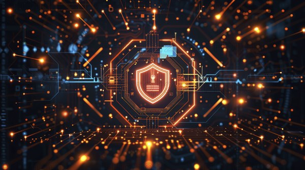 High-tech digital setting with glowing orange circuitry, a central shield symbol, and various