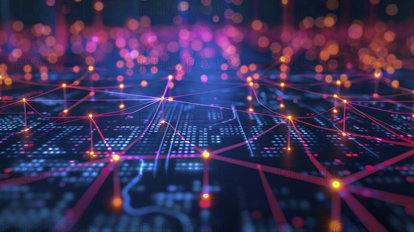 A digital network of interconnected nodes with pink and blue glowing lines creating a futuristic