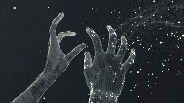 Two digital holographic hands reaching towards each other with particles floating against a dark