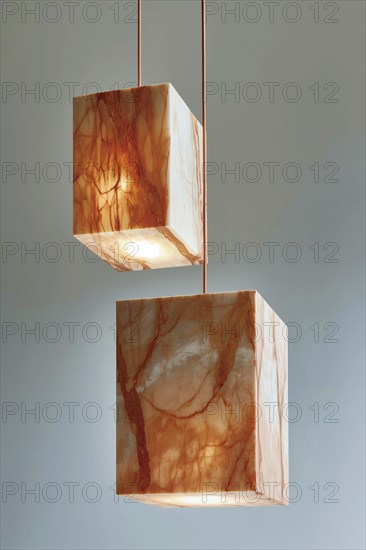 Two elegant, modern, cube-shaped marble hanging lamps with a soft glow, AI generated