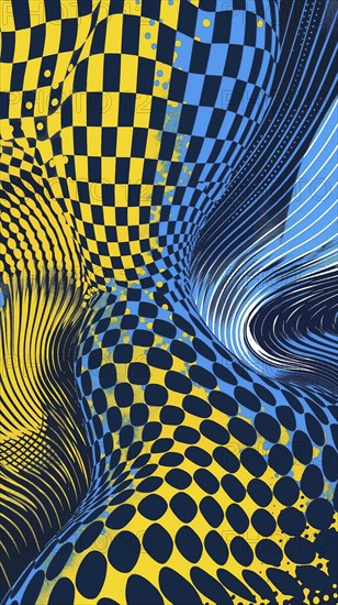 Colorful abstract art with wavy checkered patterns in yellow and blue creating an optical illusion,