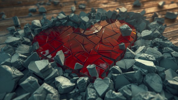 Fragmented red heart encircled by stones on a wooden surface evokes a sense of vulnerability, AI