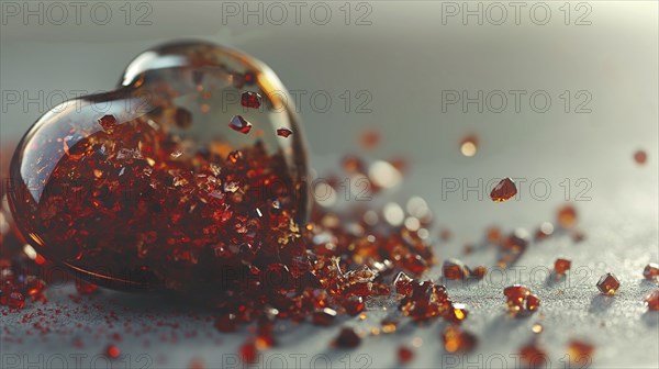 Glass heart filled with tiny red crystals, scattering onto a smooth surface with soft lighting, AI