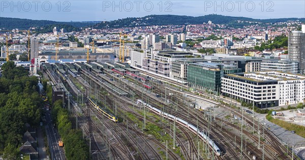 Track apron at the main station with ICE and regional train. After completion of the Stuttgart 21