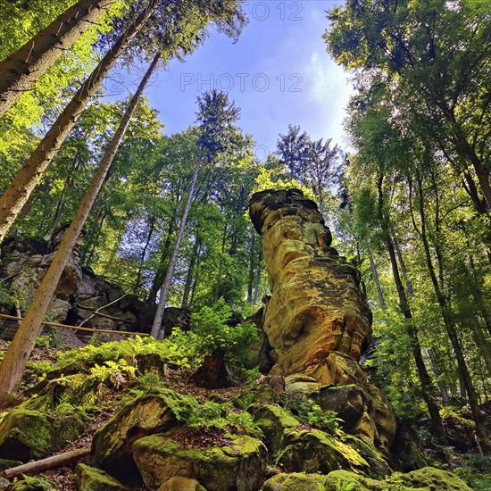 Rock tower on the Teuflische Acht hiking trail, Ferschweiler Plateau, Naturpark Südeifel, Irrel,