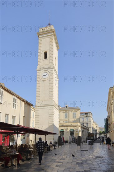 Clock tower Tour de l'Horloge with street bar, Tower with clock, Place de l'Horloge, Nîmes, Gard,