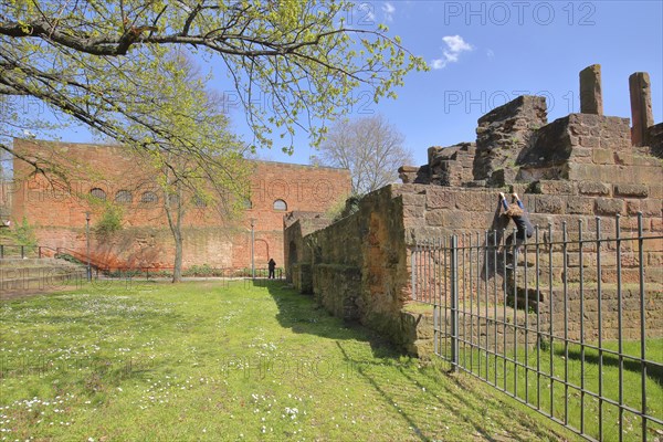 Casimir castle built in 1934 and imperial palace, child, climbing, bars, metal fence,