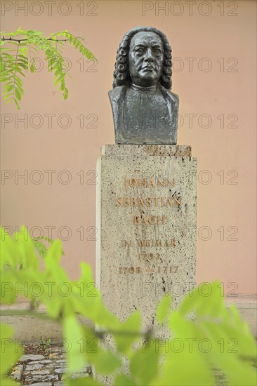 Johann Sebastian Bach monument with bust, inscription, bronze, pedestal, Platz der Demokratie,