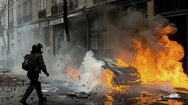 A person walking past a burning, exploding car on a city street emitting heavy smoke, AI generated