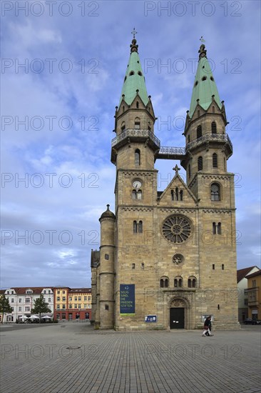 Gothic town church with twin towers, market square, Meiningen, Thuringia, Germany, Europe