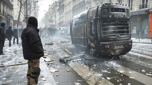 Crowded city street with a charred truck and scattered debris amid a tense protest environment, AI