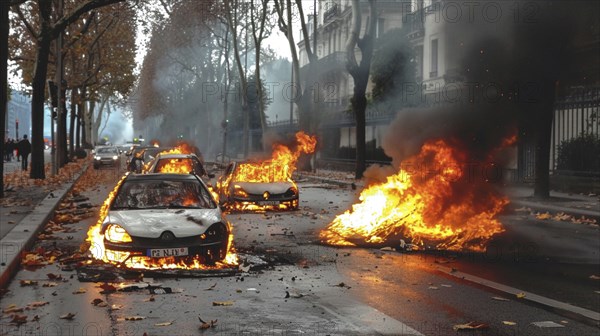 Street filled with burning cars during a protest, with intense flames and smoke, AI generated