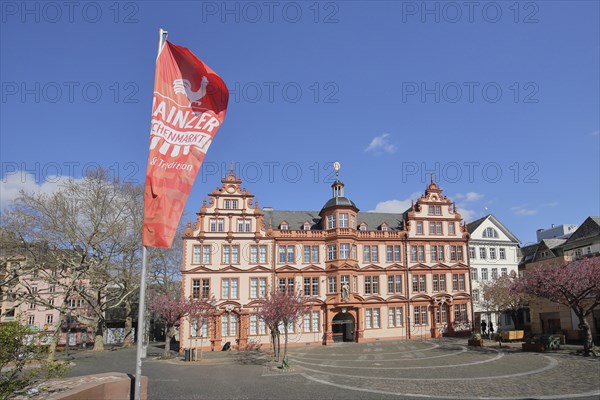 Historic house Zum Römischen Kaiser and flag with inscription Mainzer Wochenmarkt, Villa,