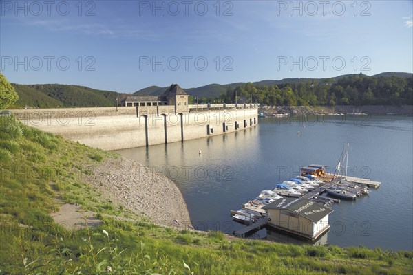 Eder dam with marina and boats, low water, dam wall, shore, landscape, Edersee, Hesse, Germany,