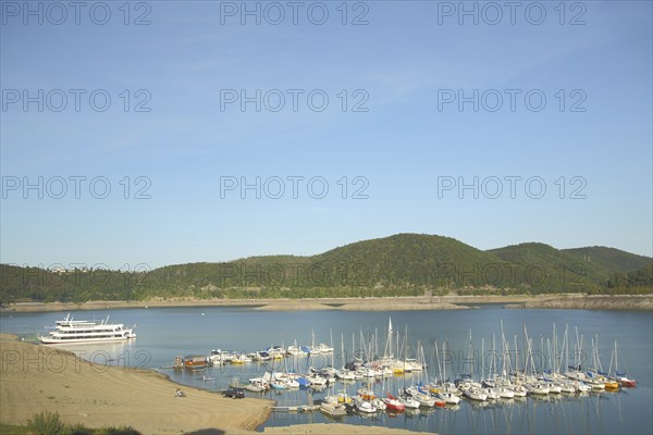 View of landing stage, jetty, boats, marina, passenger ship, landscape, low water, Waldeck-West,