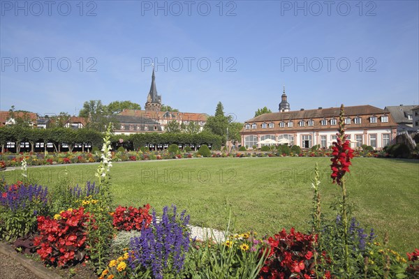 Pleasure garden with flower-bed and baroque orangery and tower of the castle, flower bed, Erbach,