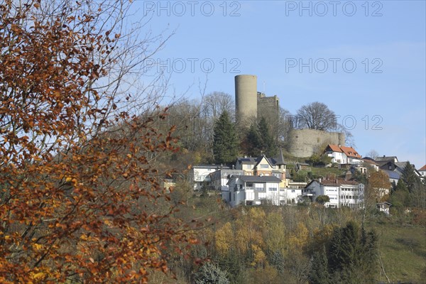 View of Oberreifenberg townscape with castle in autumn, Schmitten, Taunus, Hesse, Germany, Europe