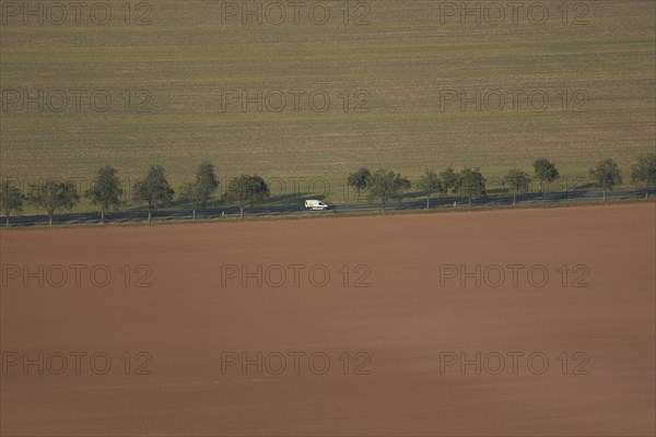 View from Kyffhäuser monument to straight road with avenue and white car, view from above, fields,