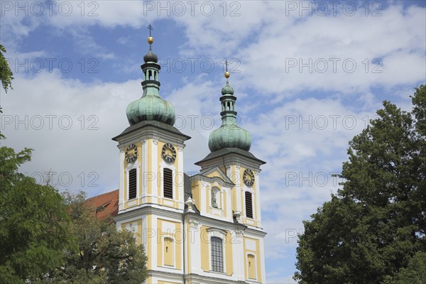 Towers of baroque St. Johann Church, twin towers, Donaueschingen, Southern Black Forest, Black