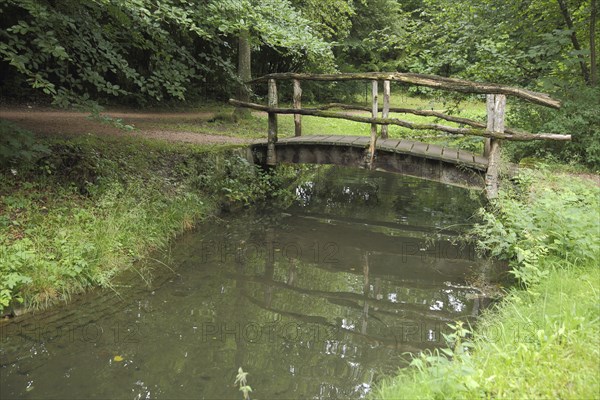 Wooden bridge in the castle park, stream, idyll, footbridge, Donaueschingen, Baden-Württemberg,