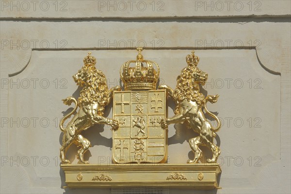 Two golden lion figures with coat of arms and crown, shiny, symmetrical, golden, detail, Schloss