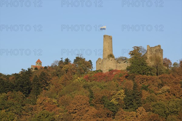 Windeck Castle and Wachenburg with autumn forest, Weinheim, Bergstrasse, Baden-Württemberg,