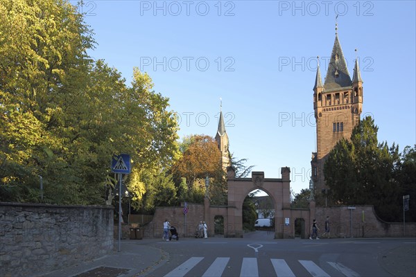 Neo-Gothic castle with castle tower, archway, Weinheim, Bergstrasse, Baden-Württemberg, Germany,
