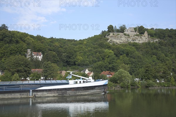 Karlsburg Castle with Steinbrück Castle and cargo ship on the Main, Villa, Karlstadt, Lower