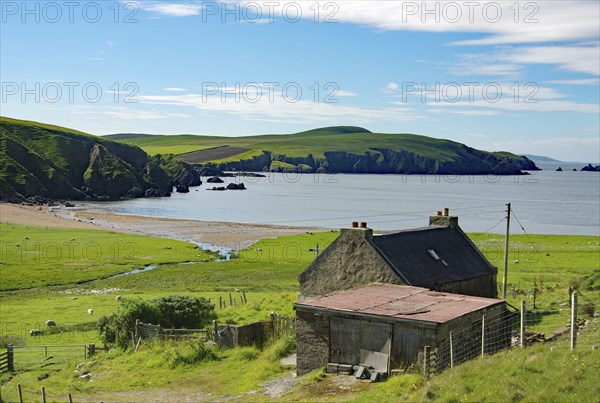 Coastal landscape with a small house near the sea, green hills and beach under a cloudy sky, crime