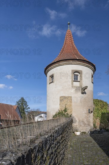 Powder tower, round tower built in the fortifications around 1400, Mainbernheim, Lower Franconia,