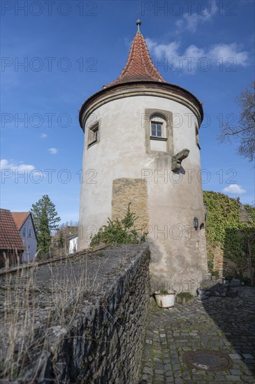 Powder tower, round tower built in the fortifications around 1400, Mainbernheim, Lower Franconia,
