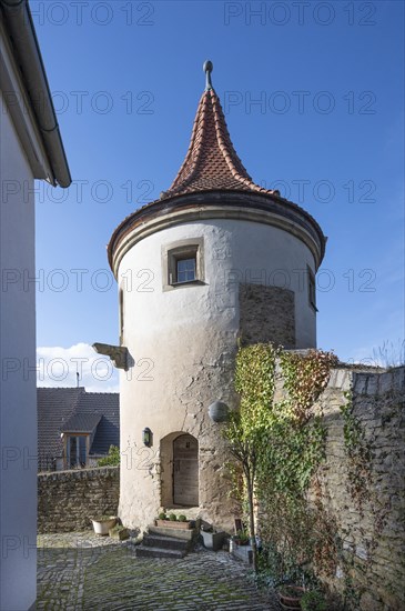 Powder tower, round tower built in the fortifications around 1400, Mainbernheim, Lower Franconia,