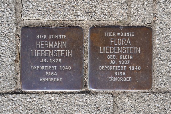 Memorial plaques of Jews deported in 1940 embedded in the pavement, Stolpersteine, Mainbernheim,