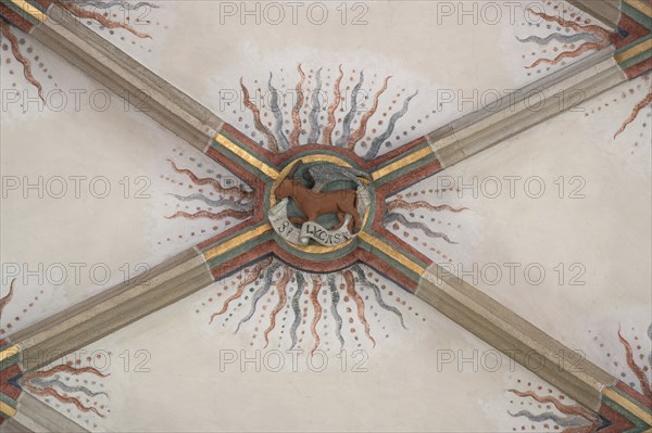 St Luke the Evangelist, depicted as a bull, keystone in the vault of St Martin's Church,