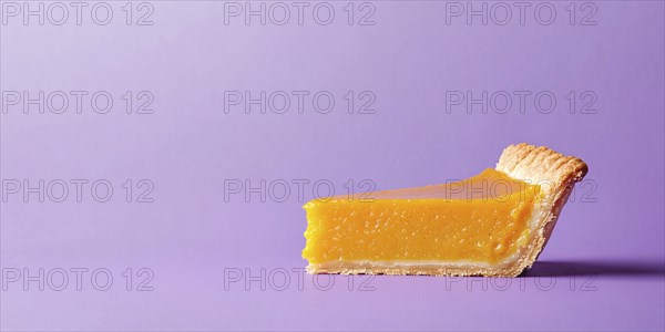Banner with single slice of pumpkin pie on pastel violet background with copy space. Generative Ai,