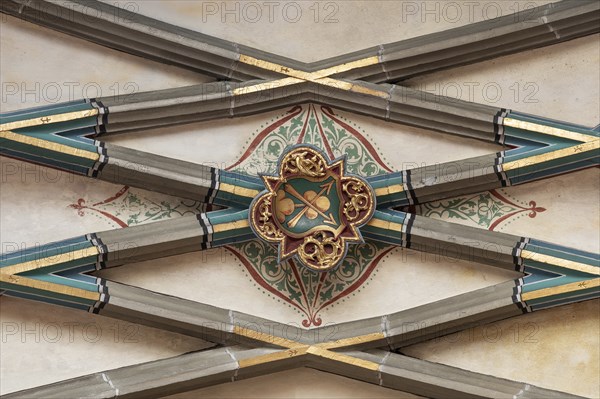 Keystone in the vault of Heilig Kreuz Minster, Rottweil, Baden-Württemberg, Germany, Europe