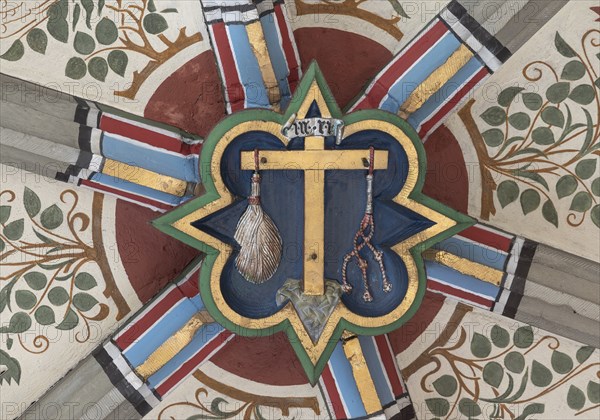 Cross of Jesus with the instruments of the scourge, keystone in the vault of the Cathedral of the