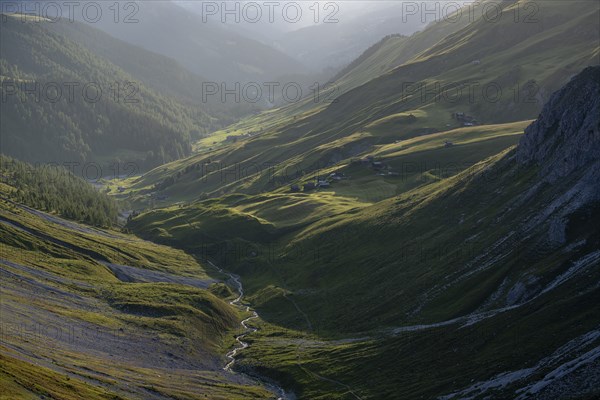 Evening mood in the mountains, view of Sapün from the Strela Pass, Davos, Grisons, Switzerland,