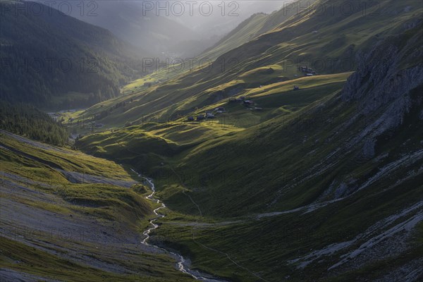 Evening mood in the mountains, view of Sapün from the Strela Pass, Davos, Grisons, Switzerland,