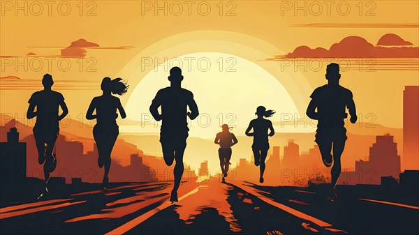Vintage wallpaper of city marathon runners in a mixed group of men and women, AI generated