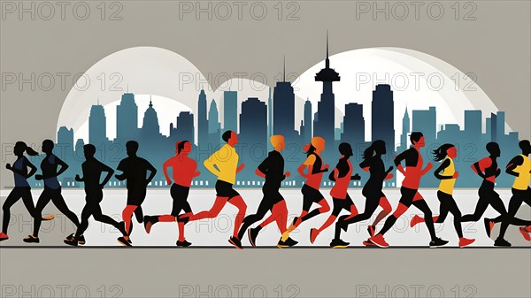 Vintage wallpaper of city marathon runners in a mixed group of men and women, AI generated