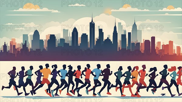 Vintage wallpaper of city marathon runners in a mixed group of men and women, AI generated