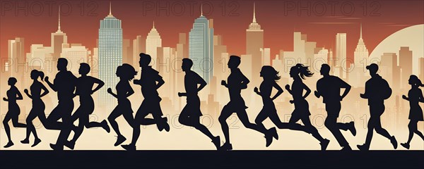 Vintage wallpaper of city marathon runners in a mixed group of men and women, AI generated