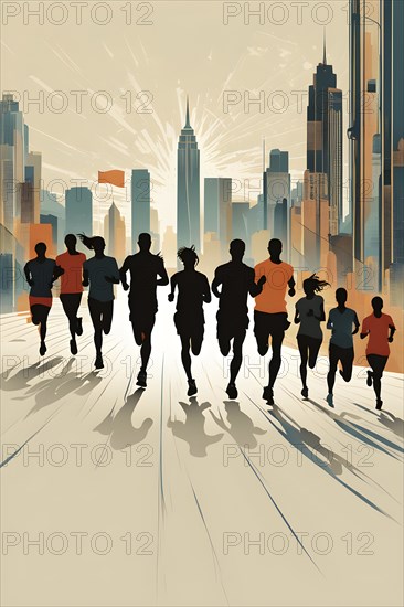 Vintage wallpaper of city marathon runners in a mixed group of men and women, AI generated