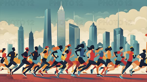 Vintage wallpaper of city marathon runners in a mixed group of men and women, AI generated